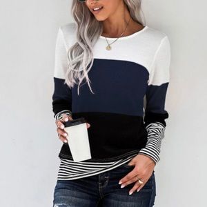 Long sleeve navy color block blouse